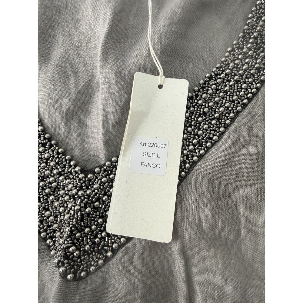 Lina Tomei Italy 100% Linen  Women Dress L Gray Beaded Sleeveless Shift V Neck - Picture 11 of 14
